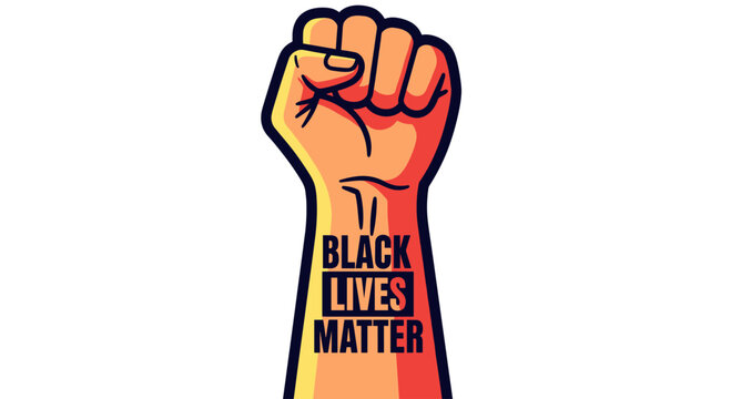 A powerful raised fist symbolizing strength and unity with the text 'Black Lives Matter' in a vibrant gradient style