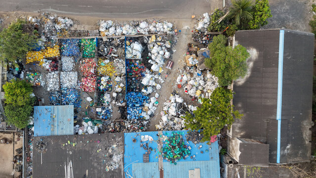 Aerial view of plastic waste segregation and recycling facility