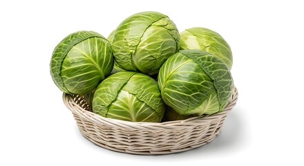 Fototapeta premium Fresh green cabbages in woven basket studio lighting isolated on white