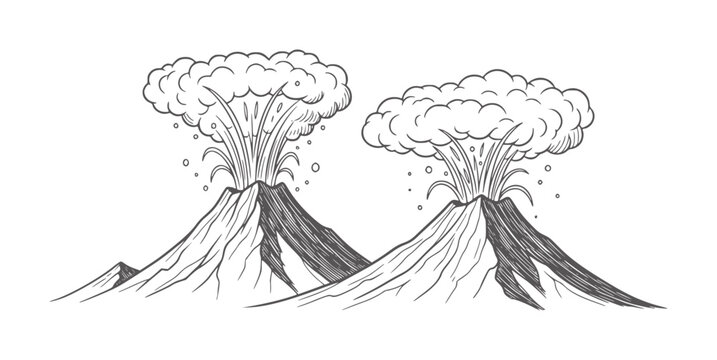 Two erupting volcanoes spewing smoke and ash in a stylized eruption mountain