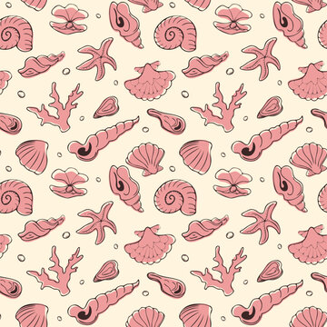 Whimsical seamless pattern featuring hand drawn pink seashells, starfish and coral branches in a minimalist doodle style on a soft cream background, perfect for nautical textiles and summer packaging.