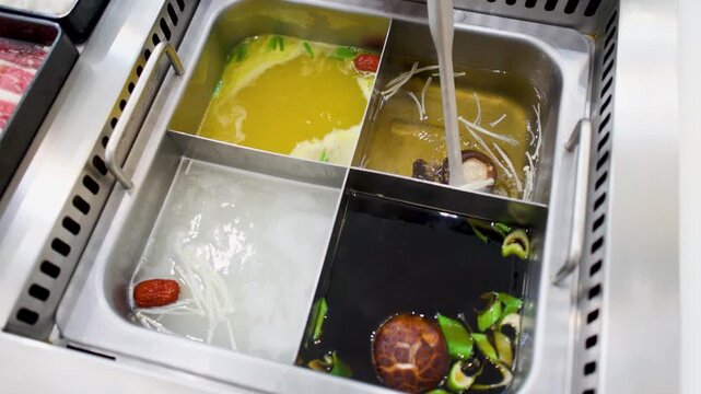 Chinese Hot Pot With Four Different Boiling Broths and Mushrooms
