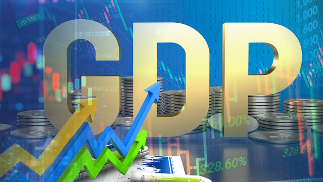 The growth of the global economic GDP is demonstrated with a large golden GDP text and stacks of coins superimposed with financial growth charts, upward-trending arrows, and data graphs representing