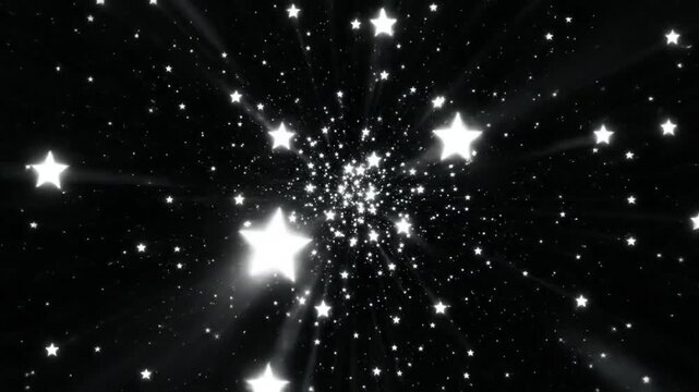 Abstract space tunnel animation with bright white glowing stars zooming toward the viewer on a black background