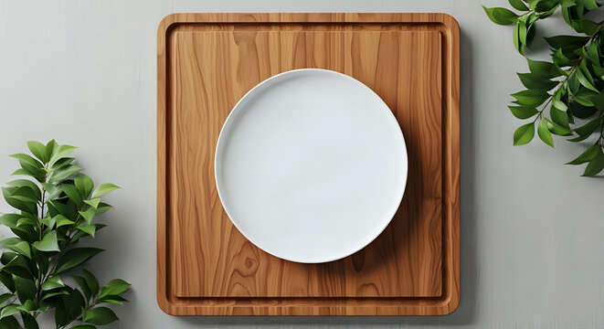 Empty white plate on a rustic wooden cutting board with green leaves food preparation still life bread board