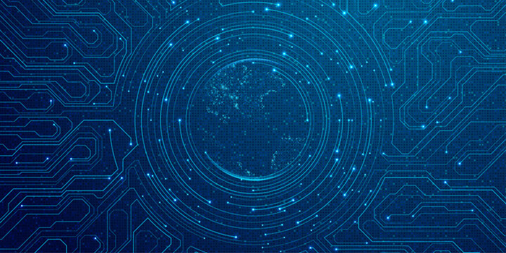 Futuristic Digital Earth Global Network Background with Blue Circuit Board Lines, Data Connections and Cyber Technology Communication Illustration
