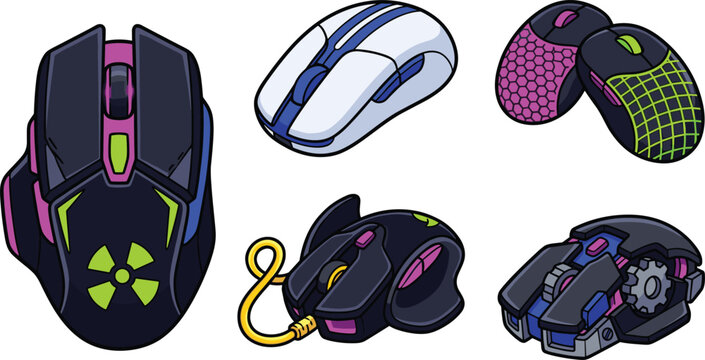 Futuristic RGB Gaming Mouse Vector Collection with Wireless Computer Accessories and Modern Esports Technology Device Illustration Designs