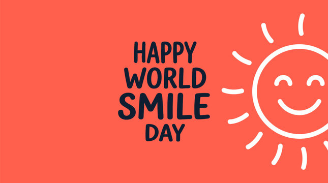 Happy world smile day greeting card design with a cute smiling sun icon on a vibrant coral background, perfect for social media posts and celebrations