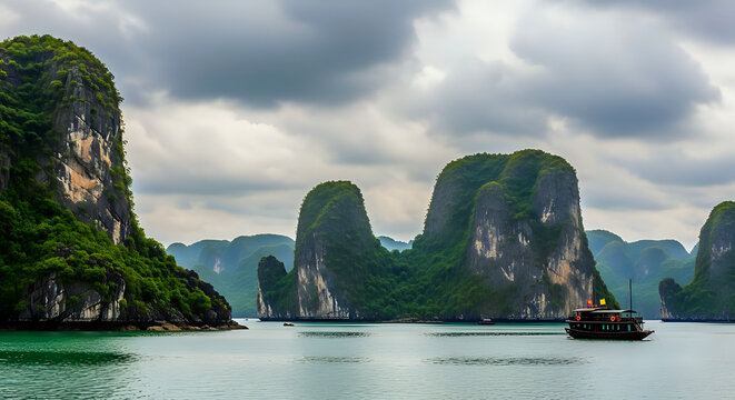 Karst limestone pillars and islands in ha long bay vietnam a boat on the water ha long limestone