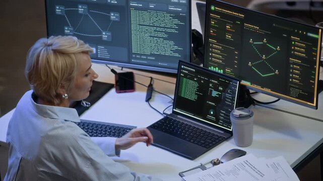 Back view of middle-aged Caucasian network engineer analyzing documents while programming codes on computers and monitoring data in office