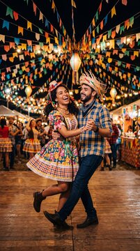 Happy young couple dancing at a traditional Brazilian Festa Junina celebration at night with colorful flags and lanterns