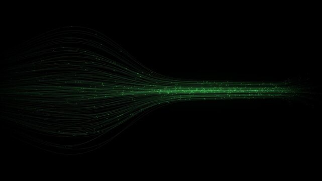 Luminous green data streams pulsing horizontally in a symmetrical wave pattern on a black background symbolizing global communication and cyber security