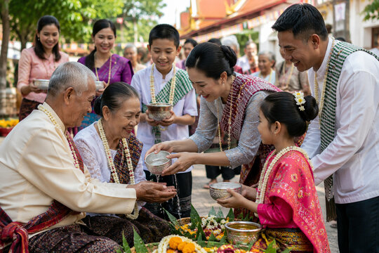 Happy family pouring water on elders hands in traditional Lao Songkran festival