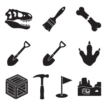 Vector prehistoric paleontology fossil excavation tools dinosaur skull broken bone shovel brush hammer flag crate footprint archeology silhouette icon pack