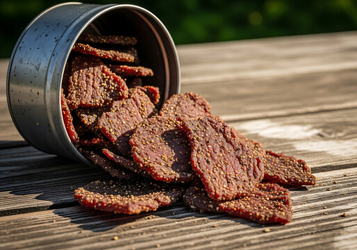 A metal tin spills out a pile of delicious, seasoned beef jerky onto a weathered wooden surface.