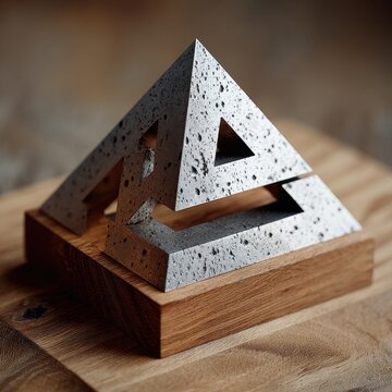 Impossible Triangle Sculpture on Wooden Base, Optical Illusion Art