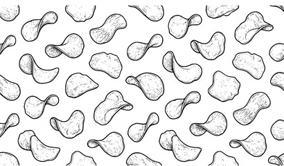 Seamless potato chips sketch pattern vector in black and white isolated on white background © Md