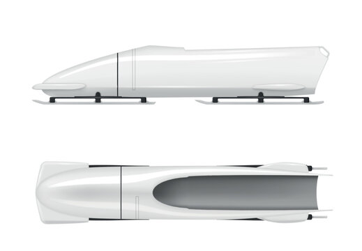 A set of bobsleds from the side and from above, on a white background, of a streamlined shape and design for winter bobsled competitions on icy tracks