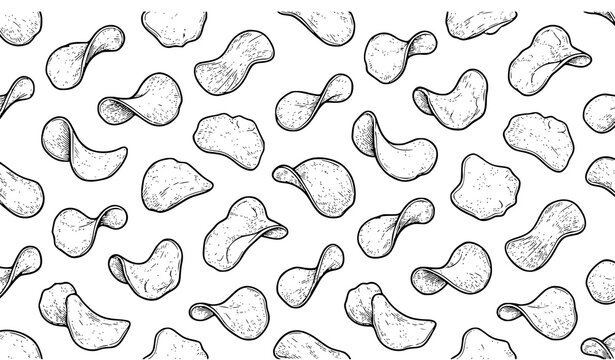 Seamless potato chips sketch pattern vector in black and white isolated on white background