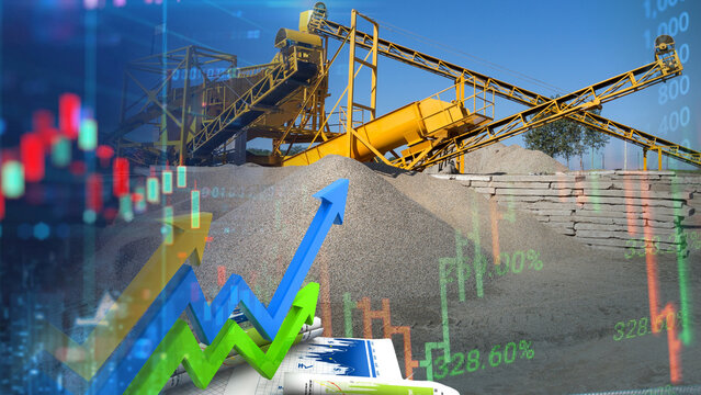 The growth of the construction materials and mining market is demonstrated with an industrial gravel processing plant superimposed with financial growth charts, upward-trending arrows, and data graphs