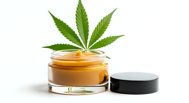 Cannabis salve in a glass jar with leaf skin care cannabis marijuana cannabinoid botanical ointment