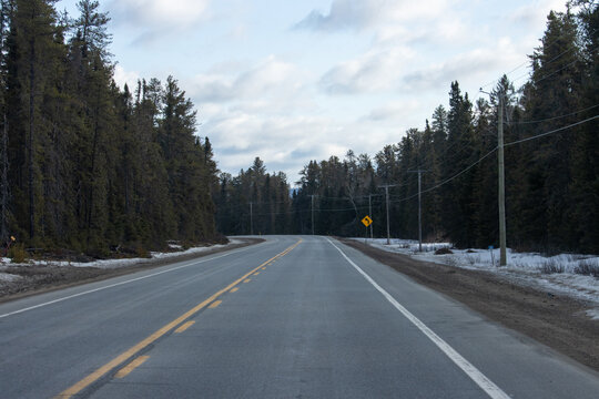 Canada, 11 April 2026 : Winding asphalt road through dense pine forest with power lines and snow on the shoulders