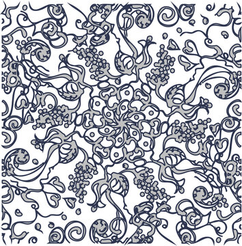 Adobe Illustrator Artwork Seamless indigo and silver floral kaleidoscope pattern, hand-painted graphical tile ornament with blue intricate flowers for luxury textile.