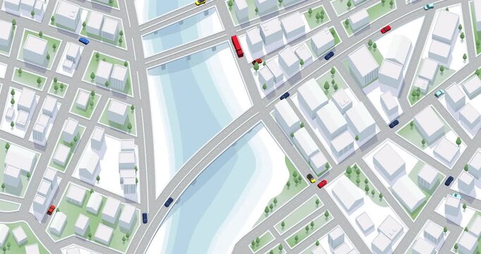 Isometric Animated City Map with Moving Vehicles Crossing Bridges Over Waterways