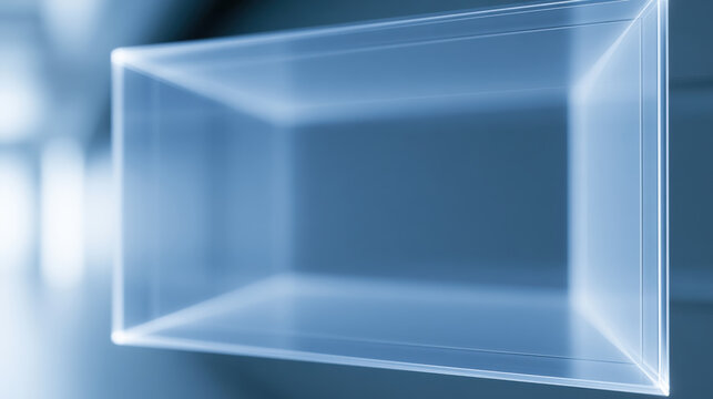 Transparent blue rectangular prism with glowing edges floating in soft blurred background, futuristic and calm