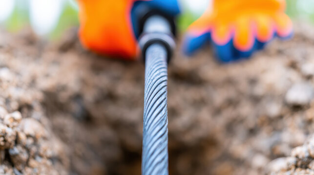 Close range view of sewer inspection camera equipment with protective gloves on blurred background showing textured cable