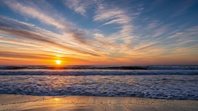 Dramatic sunset over ocean waves with streaks of clouds across a vibrant blue orange sky