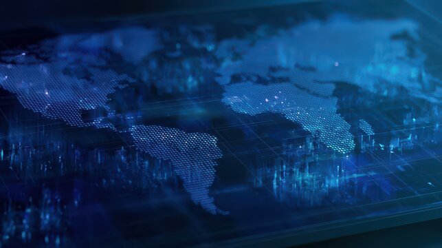 Digital world map with glowing data points and charts representing global connectivity and technological networks.