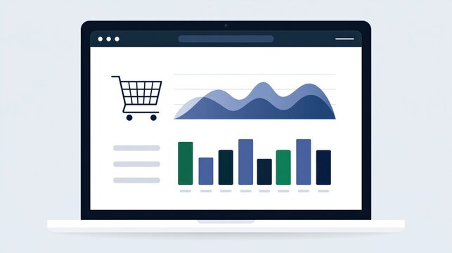 Laptop screen displaying ecommerce analytics with charts and a shopping cart icon.