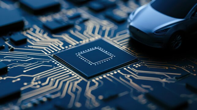 A close-up of a microchip with intricate circuitry and a small model car on top, symbolizing technology integration in automotive systems.