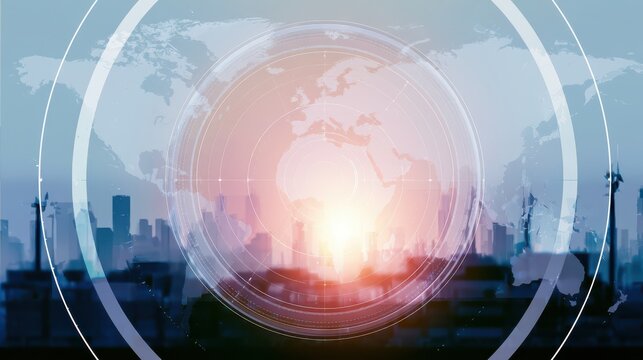 A futuristic city skyline is overlaid with a digital world map and circular interface elements, blending urban and technological themes with a glowing central light.