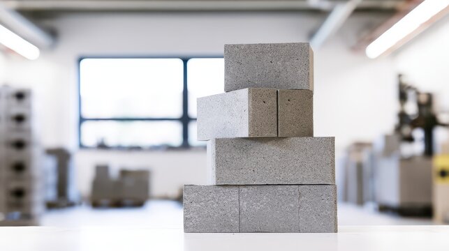 A stack of five grey concrete blocks arranged in a staggered pattern on a white surface in a well-lit industrial workshop.