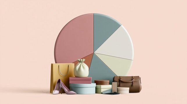 A pie chart in muted colors stands behind various fashion items including shoes, bags, and boxes, symbolizing market segmentation or consumer shopping trends.