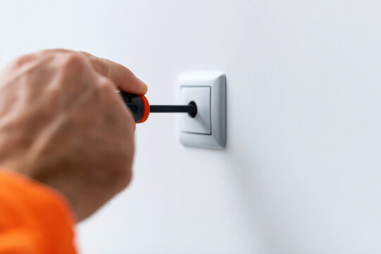 Hand using screwdriver to install or repair white electrical wall switch on plain wall, close up view of tool and hand