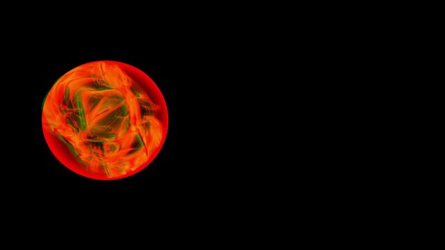 Red plasma sphere positioned on the left side of a dark horizontal frame with plenty of copy space for futuristic design or scientific presentation