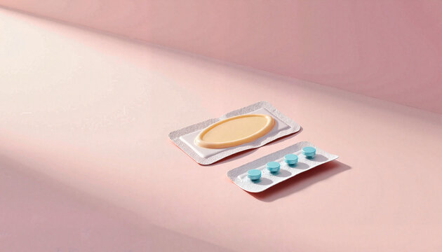 Contraceptive pills and patch on pastel pink background