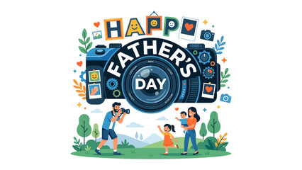 Fototapeta premium A Father's Day Tribute: An illustrated celebration of fatherhood, with a father capturing a family moment, symbolizing love and togetherness. 