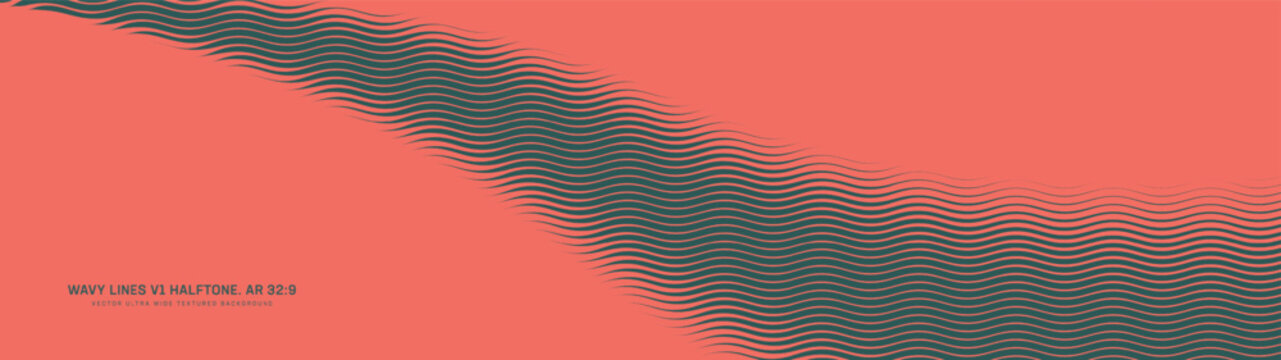 Wavy lines striped halftone pattern smooth curved border ultra wide 32:9 aspect ratio red green vector abstract background. Half tone ultrawide format guilloche textured retro style linear abstraction