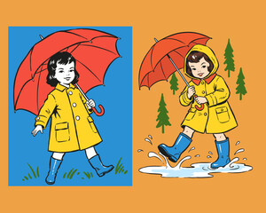Vintage mid century illustration of a little girl in a yellow raincoat with a red umbrella.