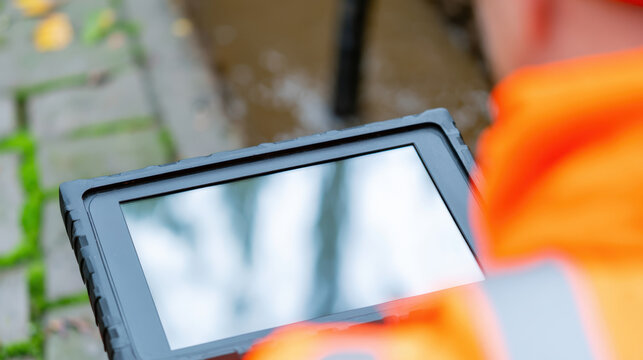 Residential drain inspection scene with rugged video monitor device held by worker outdoors near wet pavement