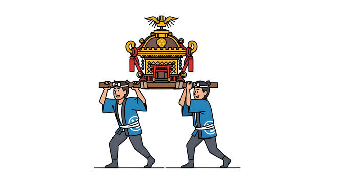 Traditional Japanese festival parade illustration featuring two men in happi coats carrying an ornate portable mikoshi shrine, representing cultural celebration and heritage
