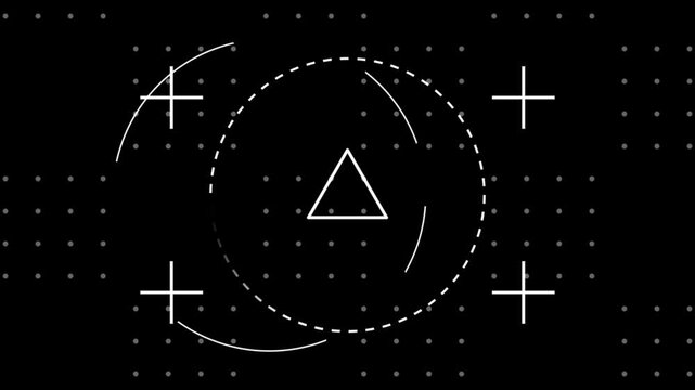 Futuristic abstract geometric HUD interface with rotating triangle and dashed circles on black background