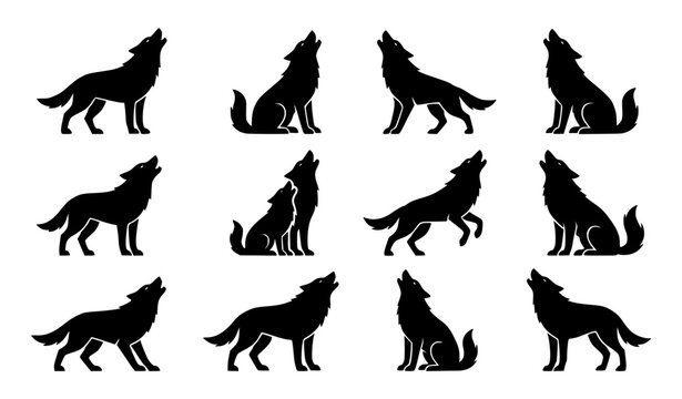 Wolf pack howling silhouette vector animal icon collection