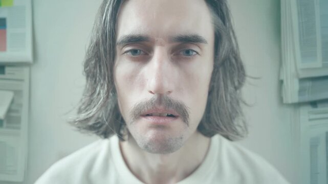 News are driving insane: Close-up of young man with long dark hair and mustache in white shirt indoors, calmly contemplative with subtle eye movement and gentle blinking