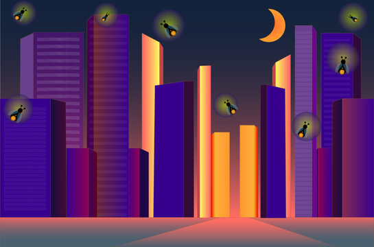 Urban Twilight and Lightning Bugs: Geometric Cityscape and Fireflies

