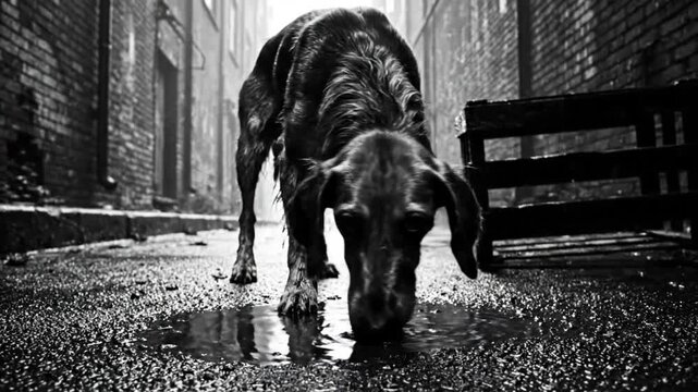 Lone wet dog drinking water from a puddle in a dark, narrow alleyway, in black and white